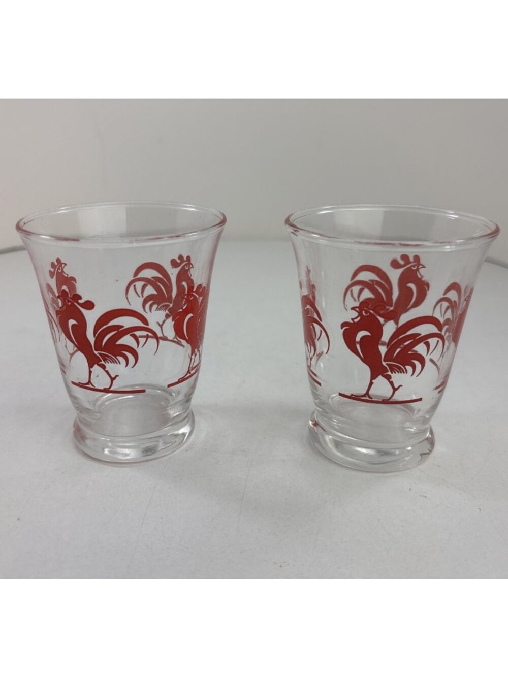 Vintage Red Rooster Double Shot Or Juice Set Of Two Glasses, By Libbey 1950's